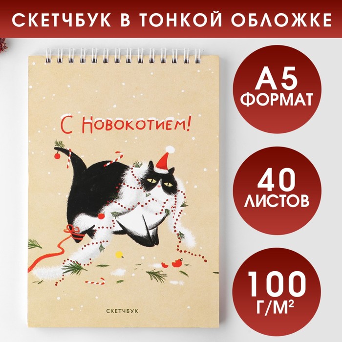 Скетчбук в тонкой обложке на гребне «С Новокотием!», А5, 40 листов, 100г/м2 - Фото 1