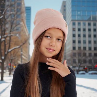Шапка для девочки MINAKU: Cozy Winter с отворотом, пудровая, размер 52-56 (5-7лет)