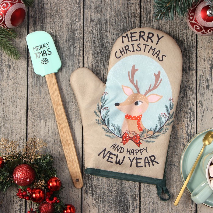 Набор подарочный Доляна Merry Xmas: варежка-прихватка, лопатка силикон - Фото 1