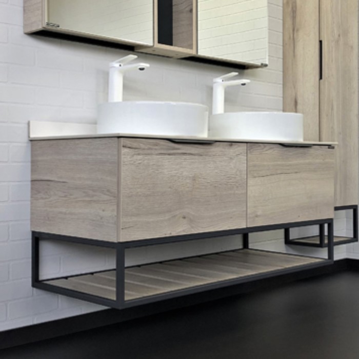 Тумба-умывальник COMFORTY «Порто-120-2» дуб дымчатый с белой столеш c двумя раковинами 9110 917862 - Фото 1