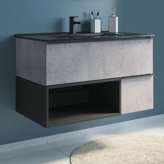 Тумба-умывальник COMFORTY «Франкфурт-90» бетон светлый с раковиной 90E черная матовая