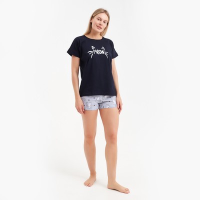 Комплект домашний женский "MEOW" (футболка/шорты), цвет чёрный/серый, размер 48