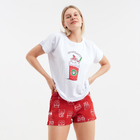 Комплект домашний женский "Котенок в стакане" (футболка/шорты), цвет белый/красный, размер 46 - Фото 1