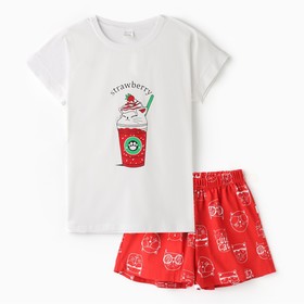 Комплект домашний женский "Котенок в стакане" (футболка/шорты), цвет белый/красный, размер 50