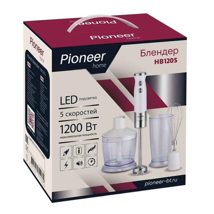 Блендер Pioneer HB120S, погружной, с LED подсветкой, 1200 Вт, 0.5/0.6 л, 5 скоростей, белый - фото 51335610