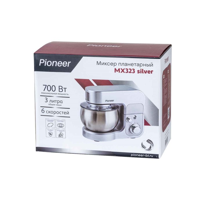 Миксер Pioneer MX323, планетарный, 700 Вт, 6 скоростей, 3 л, серебристый - фото 51434493