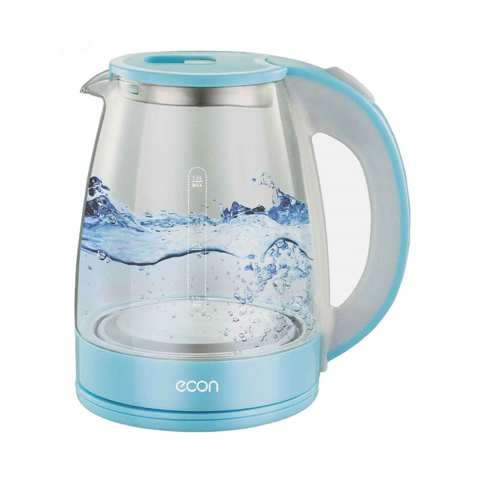 Чайник электрический Econ ECO-1846KE, 1500 Вт, стекло, 1,8 л, цвет голубой - Фото 1