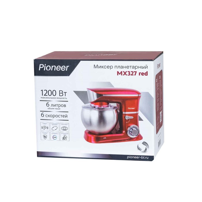 Миксер Pioneer MX327, планетарный, 1200Вт, 6 скоростей, 6 л, цвет красный - фото 51536825