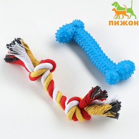 Набор игрушек для средних собак "Кость (16 см) и канат (90-100 г)", голубая
