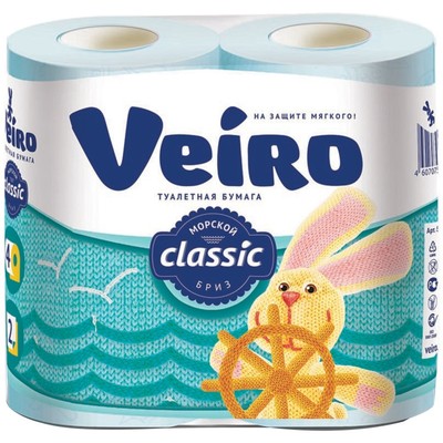 Туалетная бумага Veiro Classic, 2 слоя, 4 рулона, голубая