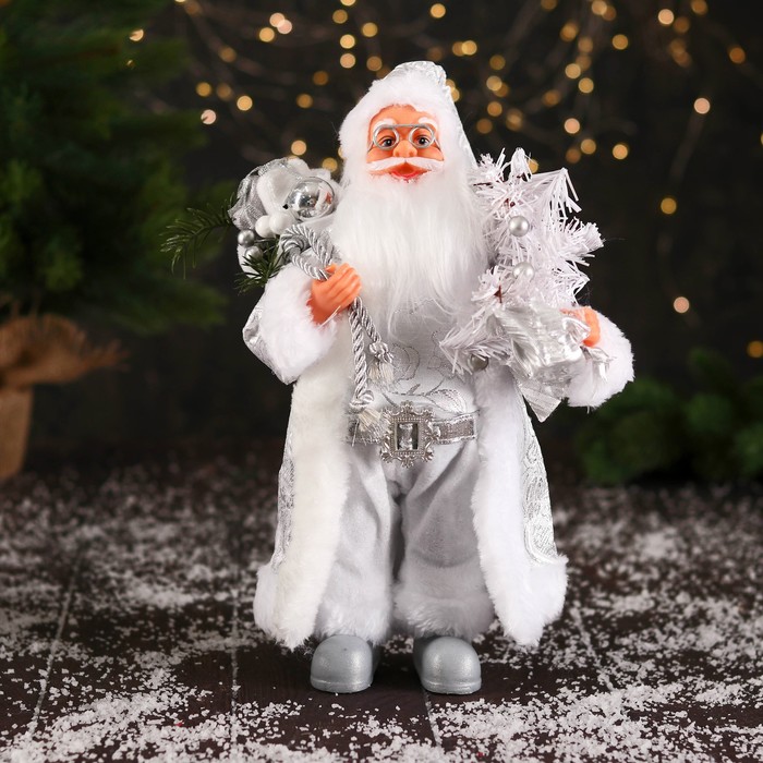 Дед Мороз &quot;В высоком колпачке, в ремешке и с мешком&quot; 30 см, серебристо-белый