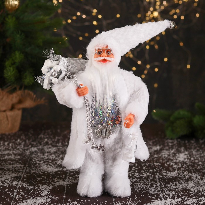 Дед Мороз "В кафтане с пайетками и с фонариком" 30 см, серебристо-белый - Фото 1