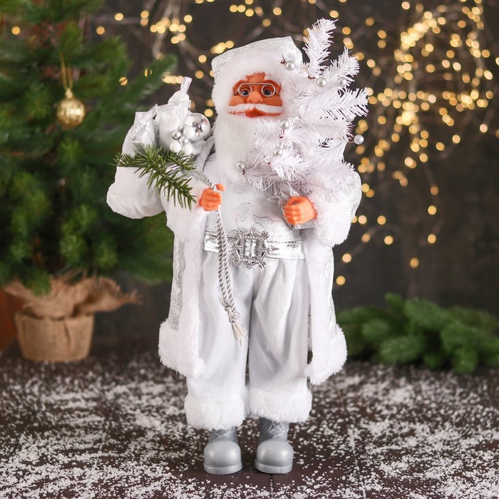 Дед Мороз "В высоком колпачке, в ремешке и с мешком" 44 см, серебристо-белый - фото 1908955526