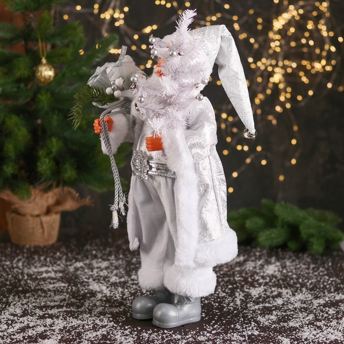 Дед Мороз "В высоком колпачке, в ремешке и с мешком" 44 см, серебристо-белый - фото 1908955529