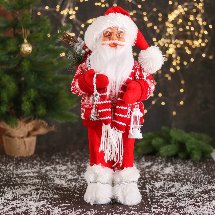 Дед Мороз &quot;В полосатом шарфе и с фонариком&quot; 44 см, бело-красный
