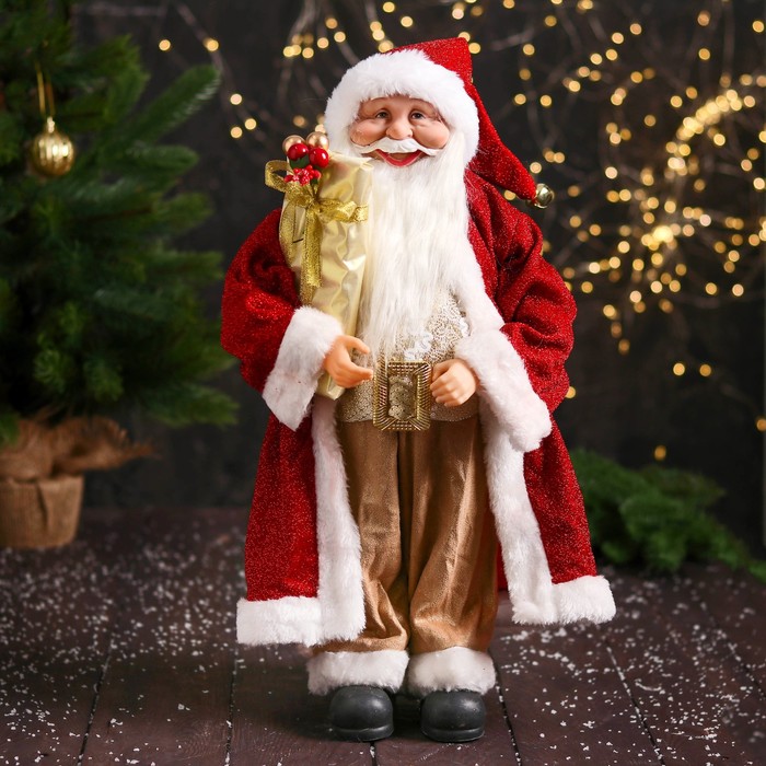 Дед Мороз &quot;В колпачке, подарком и ягодами&quot; 46 см, красный