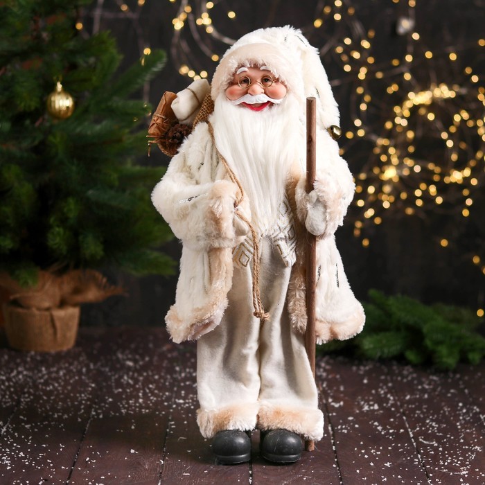 Дед Мороз &quot;В пушистой шубе, посохом и мешком&quot; 47 см, белый