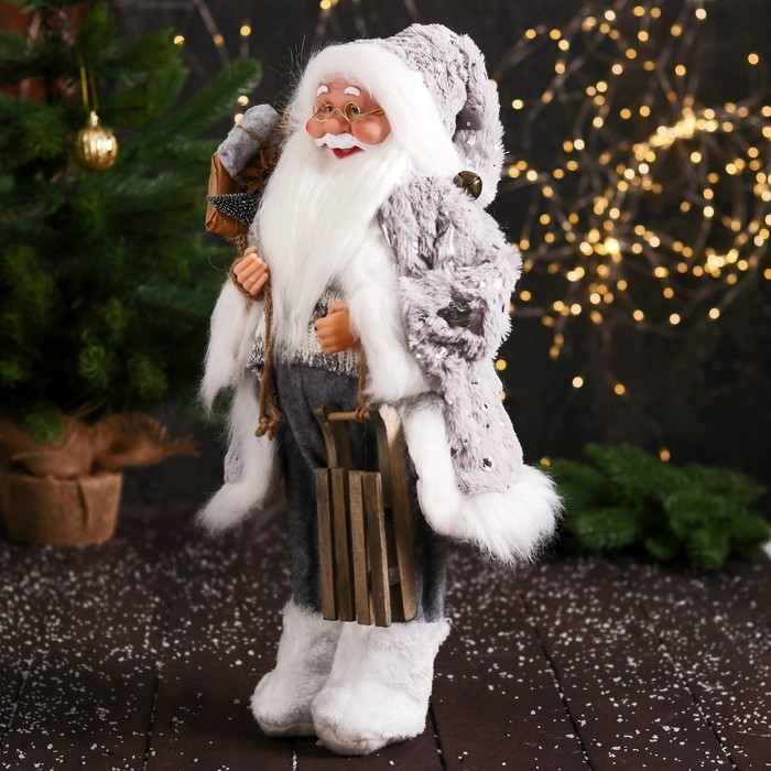 Дед Мороз "В свитере и меховых ботинках, с санками" 47 см, бело-серый - фото 1927952610