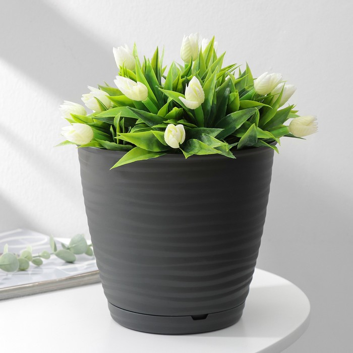 Горшок для цветов с поддоном Saffron, 2.6 л, d=17.6 см, h=16.2 см, пластиковый, серый - Фото 1
