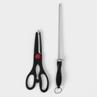 Набор ножей кухонных на подставке Доляна «Кронос», 7 предметов: 5 ножей, мусат и ножницы, чёрный - Фото 6