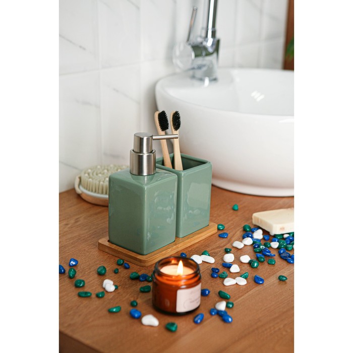 Набор аксессуаров для ванной комнаты SAVANNA Square, 3 предмета (дозатор для мыла, стакан, подставка), цвет зелёный - фото 1906048268