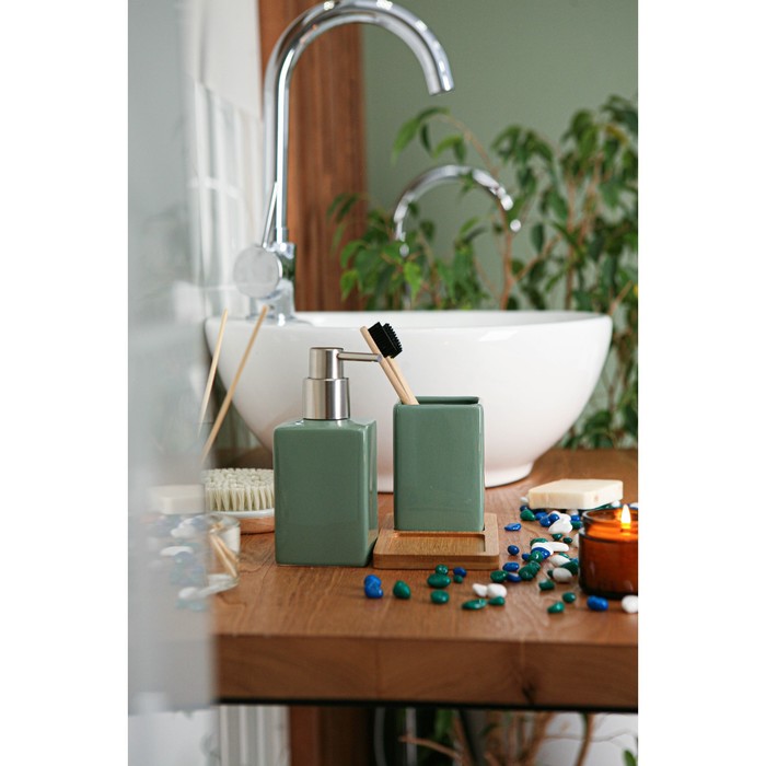 Набор аксессуаров для ванной комнаты SAVANNA Square, 3 предмета (дозатор для мыла, стакан, подставка), цвет зелёный - фото 1906048270