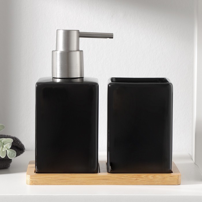 Набор аксессуаров для ванной комнаты SAVANNA Square, 3 предмета (дозатор для мыла, стакан, подставка), цвет чёрный - Фото 1