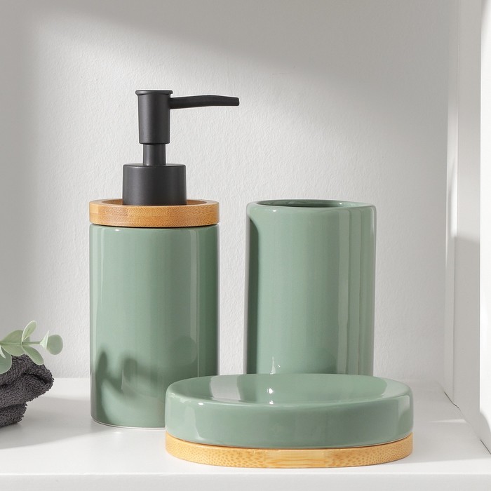 Набор аксессуаров для ванной комнаты SAVANNA «Джуно», 3 предмета (мыльница, дозатор для мыла, стакан), цвет зелёный - фото 3888199