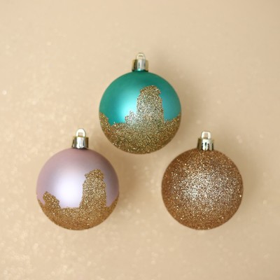 Ёлочные шары новогодние «Золотая поталь», на Новый год, пластик, d=6, 3 шт., цвет розовый, тиффани