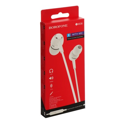 Наушники Borofone BM36 Acura, вакуумные, микрофон, Jack 3.5 мм, кабель 1 м, белые