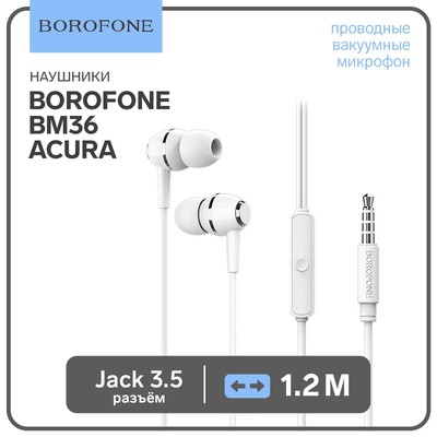 Наушники Borofone BM36 Acura, вакуумные, микрофон, Jack 3.5 мм, кабель 1 м, белые