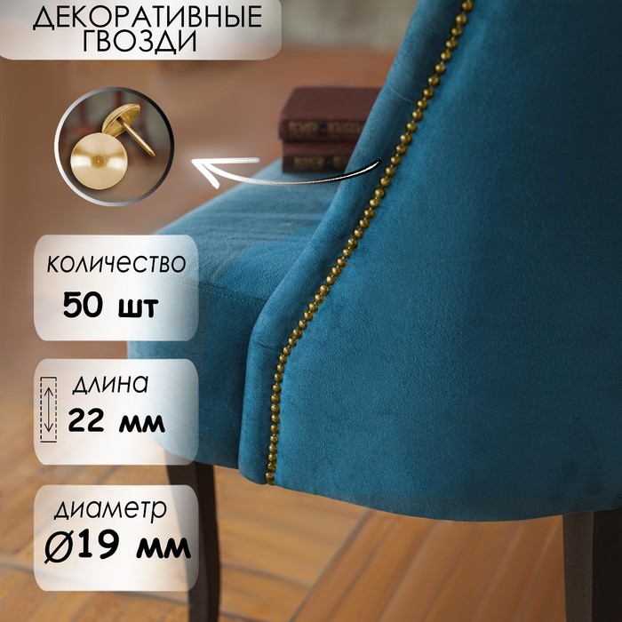 Гвозди ТУНДРА, декоративные, обивочные, 19×22 мм, золото, фасовка 50 шт. - Фото 1