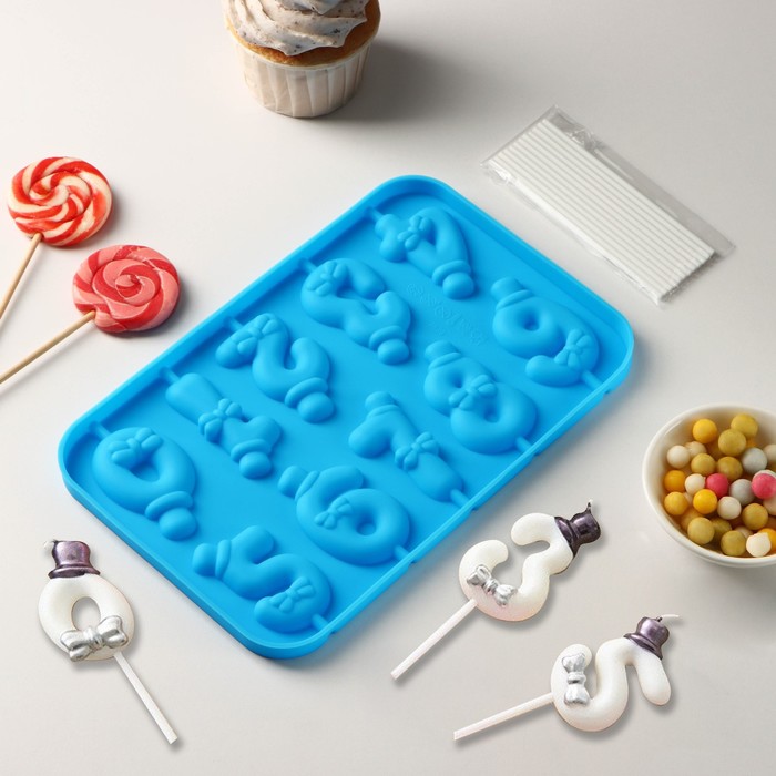 Форма для леденцов Доляна «Цифры-мальчики», силикон, 22×14×1 см, 10 ячеек (5.5×3.5 см), с палочками, синяя - Фото 1