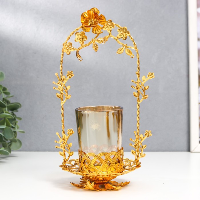Подсвечник металл, стекло на 1 свечу "Цветочная арка" d-5 см, золото 9,5х11х20 см - Фото 1