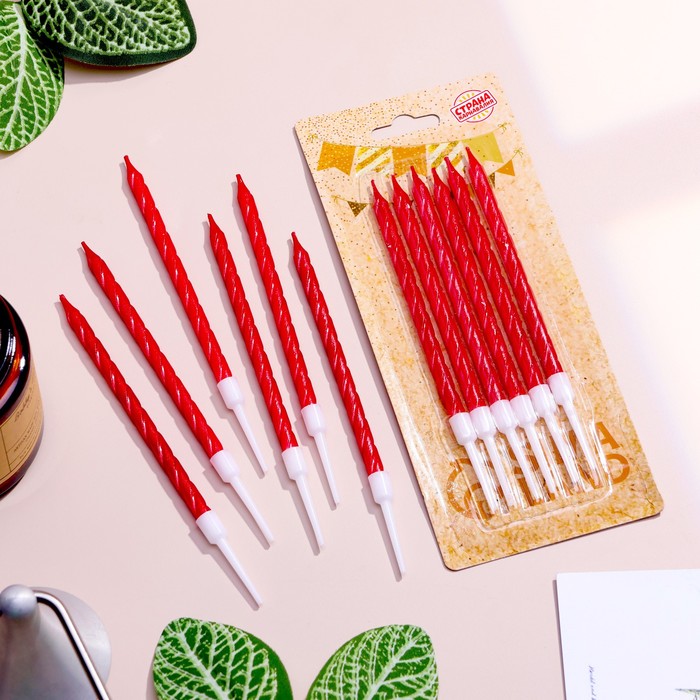 Свечи в торт витые с подставкой, 6 шт., 11 см, рубиновые - Фото 1