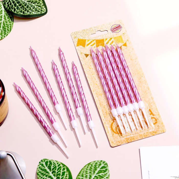 Свечи в торт витые с подставкой, 6 шт., 11 см, розовый блик - Фото 1