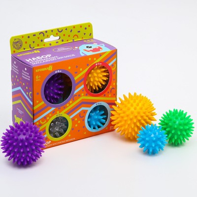 УЦЕНКА Развивающие массажные мячики с шипами твердые «Ёжики», 4 шт., d=5.6.7.8 см