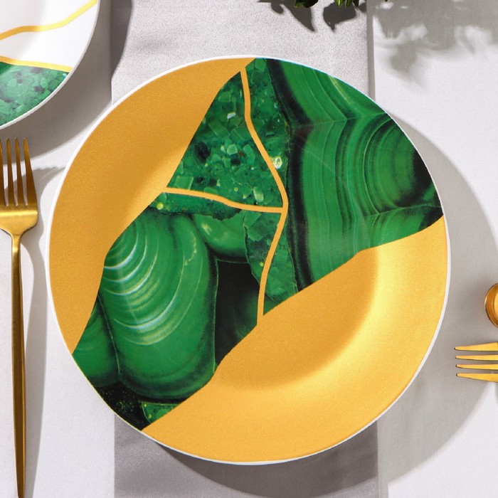 Тарелка фарфоровая обеденная Доляна «Малахитовая шкатулка», d=25 см, цвет зелёный - Фото 1