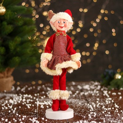 Новогодний шут «В платье в сеточку и мехом» 30 см, жёлто-красный