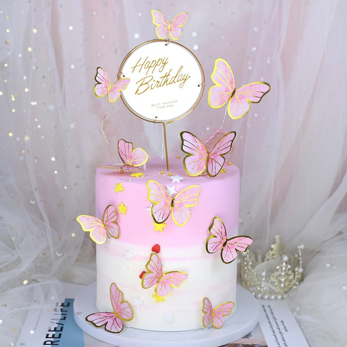 Набор для украшения торта «С днём рождения», бабочки, цвет розовый - Фото 1