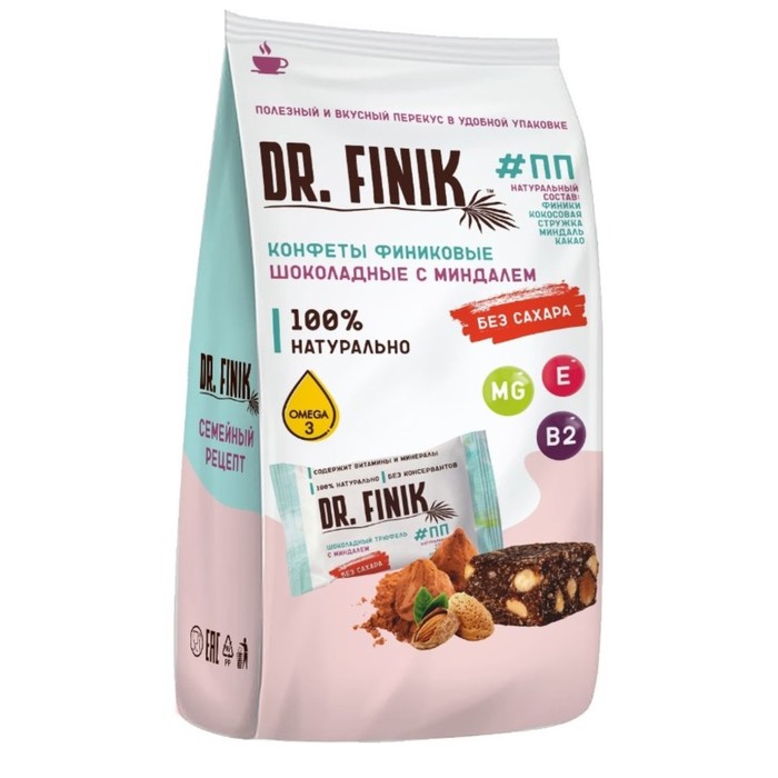 Конфеты финиковые DR.FINIK шоколадный трюфель с миндалем, без сахара, 150 г