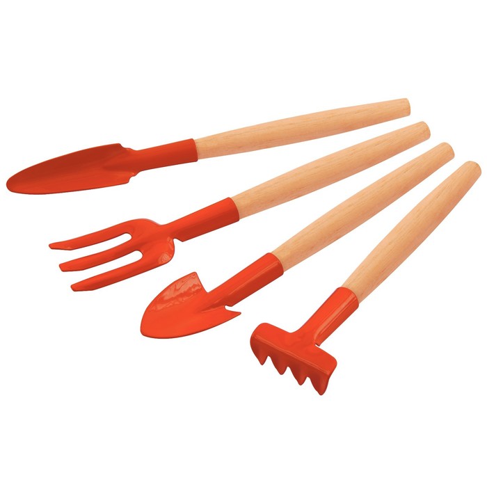 Набор садовых инструментов, 4 предмета: совок, вилка, лопатка, грабли, длина 23 см, деревянные ручки - Фото 1