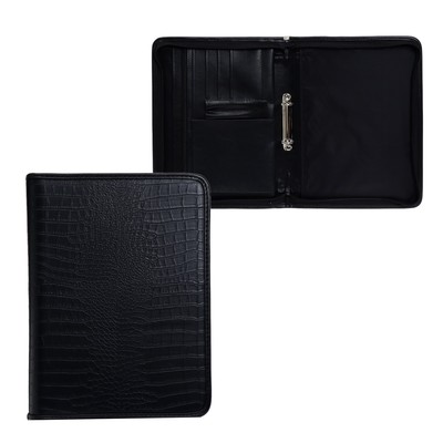 Пaпка деловая, искусственная кожа, для бумаг, 360 х 260 х 30 мм, с кольцевым механизмом 2, 3Д55 "Крокодил", чёрная