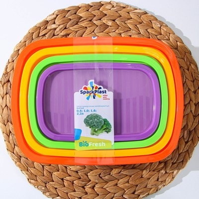 Набор пищевых контейнеров SparkPlast BioFresh, 4 шт.: 500 мл, 1 л, 1.6 л, 2.3 л, прозрачный, крышки МИКС
