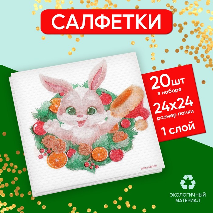 Салфетки бумажные однослойные «Зая в венке», 24×24 см, набор 20 штук - Фото 1