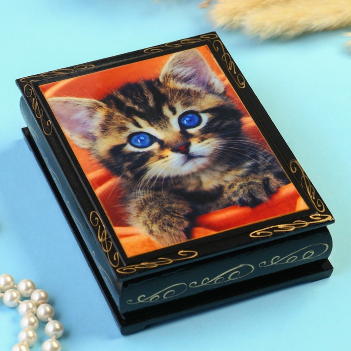 Шкатулка "Голубоглазый котенок"10×14 см, черная - фото 1907503204