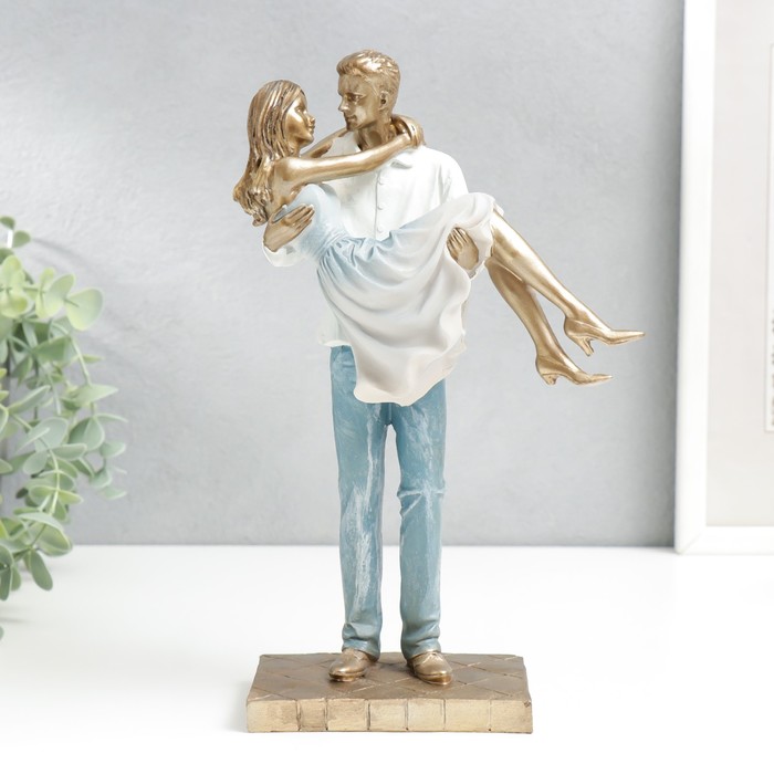 Фигура полистоун «Влюблённые. Буду носить тебя на руках», бело-голубой под бронзу, 26×9×16 см - Фото 1