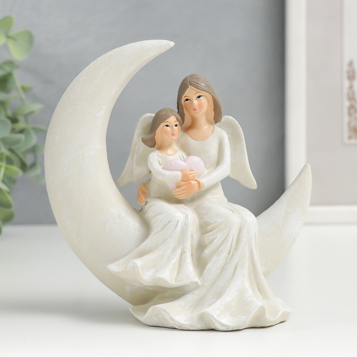Сувенир полистоун "Девушка-ангел на месяце с девочкой, с сердцем" 12,5х6х12,5 см - Фото 1