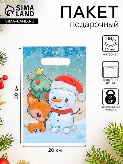 Пакет подарочный новогодний «Милый снеговик», полиэтиленовый с вырубной ручкой, 30×20 см