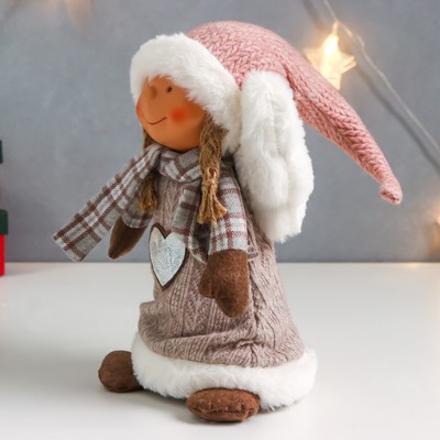 Интерьерная кукла текстильная «Ангелочек Марфуша в бежевом вязаном платье с сердечком», 35×15×11 см